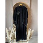 Classic Black Jubbah/Thobe with White Scalloped Trim and Floral Embroidery